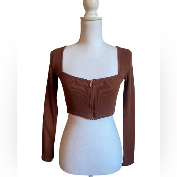 PACSUN L.A. Hearts Brown Square Neck Long Sleeve Ribbed Zip Up Crop Top Small - Picture 3 of 12